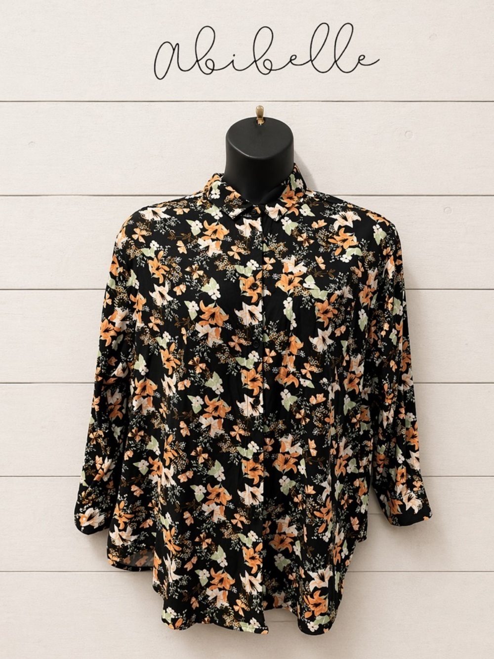 ABIBELLE Black Floral Button-Up Shirt – Size XL/XXL